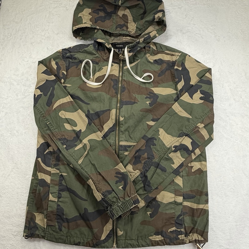 Forever 21 Camouflage Hooded Utility Jacket Full Zip Cotton Camo Windbreaker S